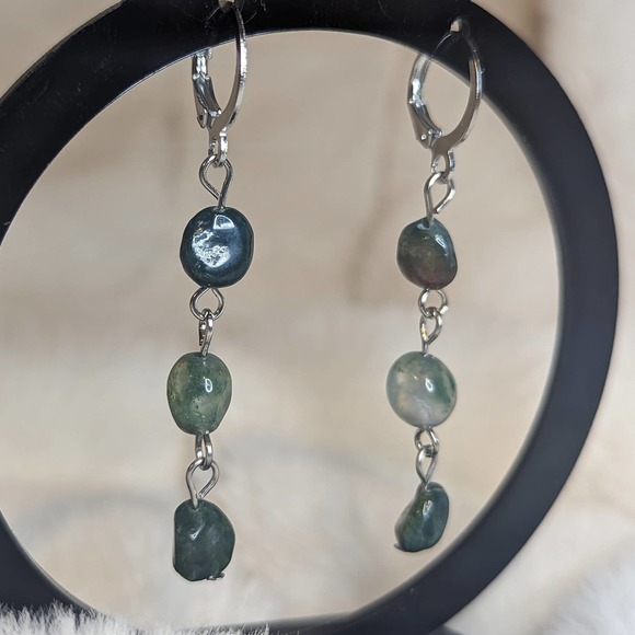 Moss Agate Beaded Lever Back Earrings - Picture 3 of 4